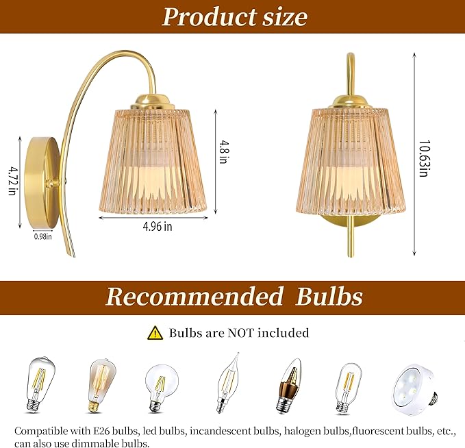 Vintage Battery Operated Wall Sconce with Flower lampshade,Rechargeable Battery Powered Wall Lights,Wall lamp With 15 Colors for Bedroom Living Room Home Decor (Amber Stripe, 2 Light Battery Operated)