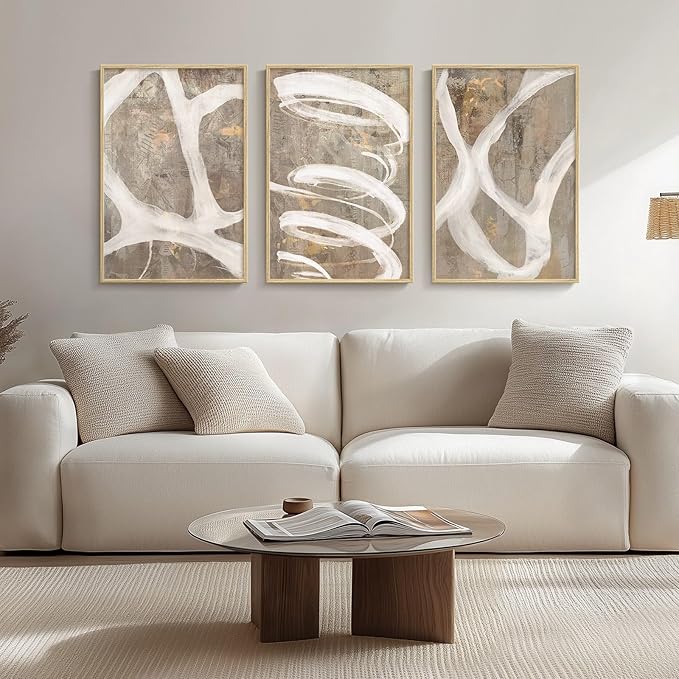 Framed Neutral Brown and Beige Abstract Wall Art for Living Room, 3 Piece Modern Canvas Prints Artwork for Walls, Minimalist Lines for Hallway Kitchen Room Bedroom Office Wall Decor 16x24 Inch