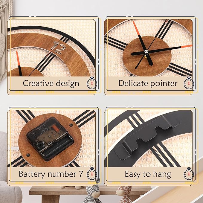 Large Wall Clock Decorative Wall Clock Round Kitchen Clock Farmhouse Kitchen Decor Rustic Clocks for Walls Farmhouse Silent Clock for Living Room Decor (Rustic)