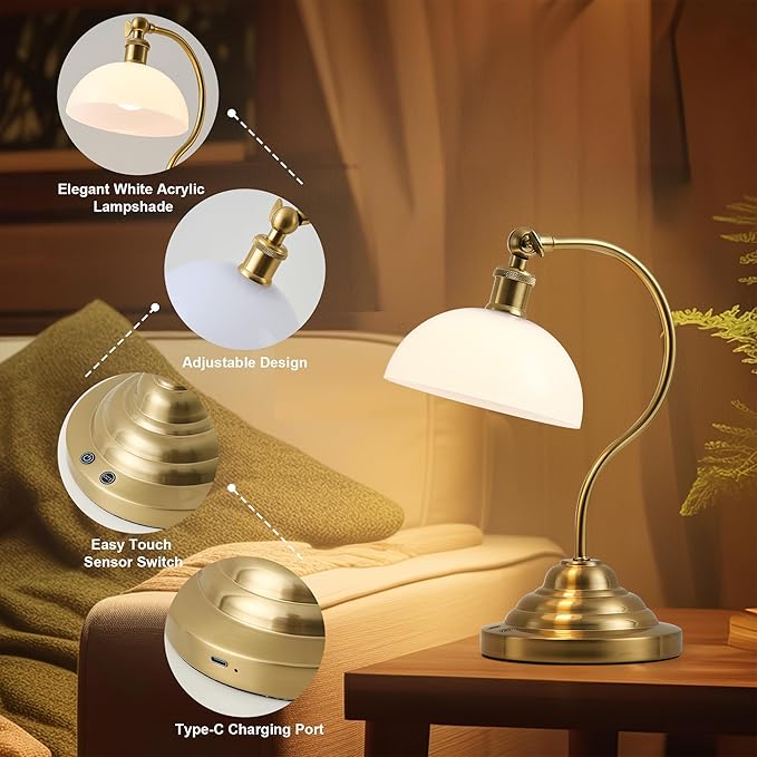 Cordless LED Table Lamp Set of Two, Swing Arm Desk Lamp, Battery Operated,Dimmable/3 Color,Modern Rechargeable Table Light for Living Room,Bedroom,Bedside, White Glass Shade, Brass