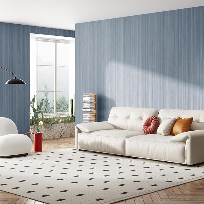 Blue Grey Faux Grasscloth Wallpaper Peel and Stick Linen Textured 24"x394" Upgraded Thick Self-Adhesive Waterproof Neutral Decorative Contact Paper Vinyl Film Roll for Wall Bedroom Kitchen