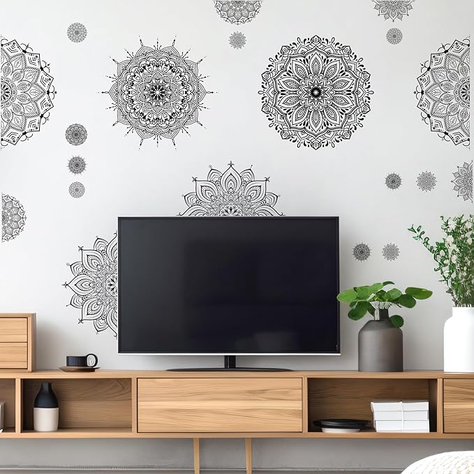 Large Mandala Wall Sticker Peel and Stick Boho Lotus Wall Decor Stickers Mandala Floral Flower Window Cling Decals Black Mandala Wall Art Decal for Bedroom Living Room Headboard Yoga Decoration