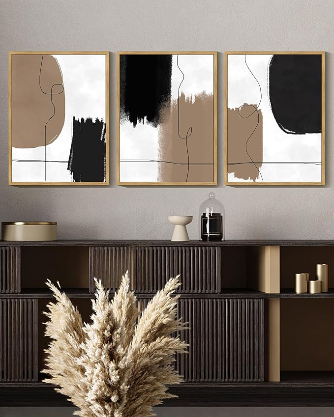 KUVIOKE Neutral Abstract Framed Wall Art Beige Mid Century Textured Wall Decor Minimalist Line Modern Illustrations Art Print Home Decor 12x16in (Natural Framed)