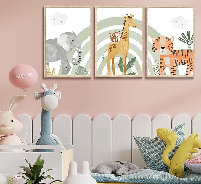 3Pcs Safari Animals Canvas Wall Art elephant tiger giraffe Posters Prints Bohemian Rainbow elements Paintings Pictures wall decor for Nursery Baby Bedroom Decorations Unframed