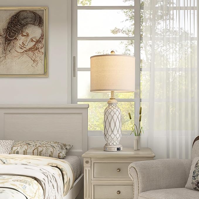 28" Table Lamps for Living Room Set of 2, Farmhouse Lamps for Bedroom with USB A+C Charging Ports, Touch Lamps for Nightstand, 2 Bulbs Included