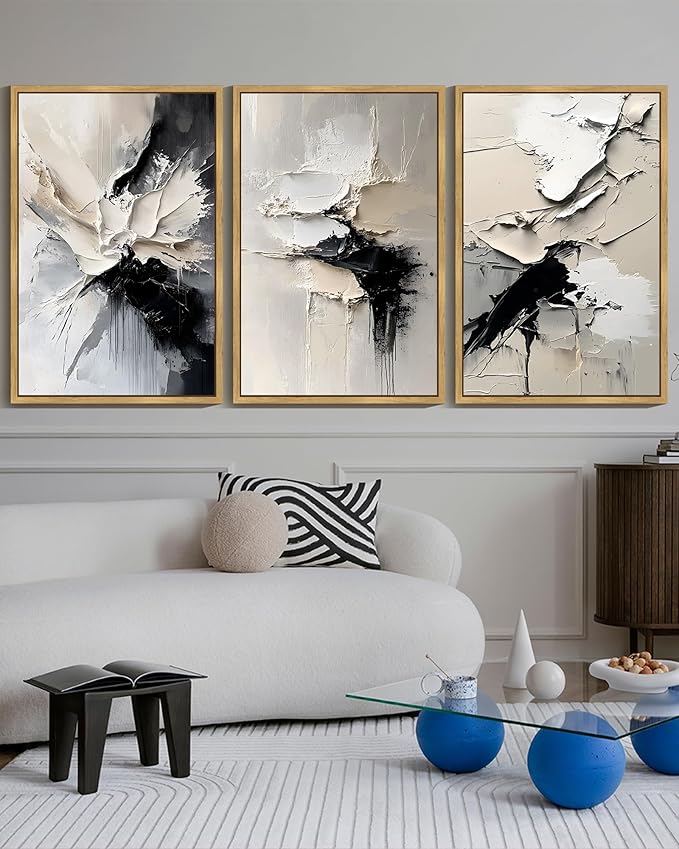 KUVIOKE Navy Blue Abstract Framed Wall Art Minimalist Graffiti Pastel Wall Decor Modern Neutral Color Block Illustration Painting Brush Stroke Art Home Decor 24x36in (Natural Framed)