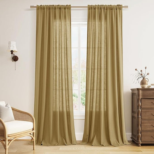 Guken Gold Linen Curtains 108 Inches Long 2 Panel Set Rod Pocket Semi Sheer Dining Room Cozy Bedroom Decor Cotton Look Country Rustic Farmhouse Boho Curtains 52x108