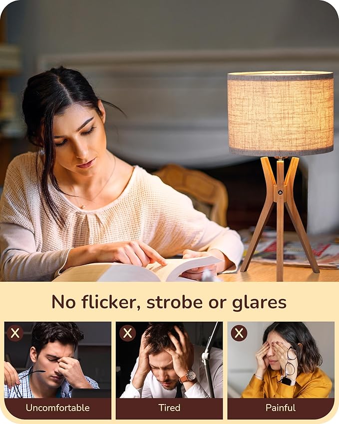 EDISHINE Tripod Table Lamp, 17.5" Modern Bedside Lamp with Natural Wood-Colored Lamp Legs & Beige Linen Lampshade, Boho Nightstand Lamp for Bedroom, Living Room, Reading Room, E26 Base