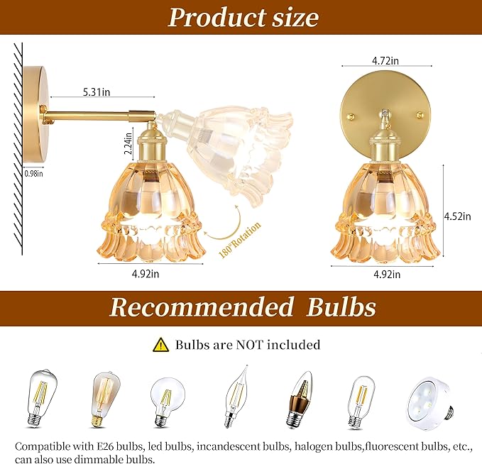 Vintage Battery Operated Wall Sconce with Flower lampshade,Rechargeable Battery Powered Wall Lights,Wall lamp with 15 Colors for Bedroom Living Room Home Decor (Lily Amber, 1 Light Battery Operated)