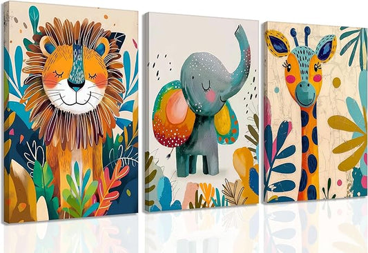 3Pcs Safari Animal Nursery Canvas Wall Art Cute Watercolor Elephant Giraffe Lion Pictures Wall Decor Colorful Jungle Animals Posters Painting Prints for Kids Room Baby Boys and Girls Room, Framed
