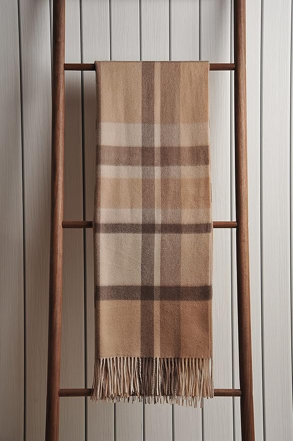 EP Mode 100% Pure Cashmere Throw Blanket for Sofa, Classic Design with Gift Box (Camel Tartan)