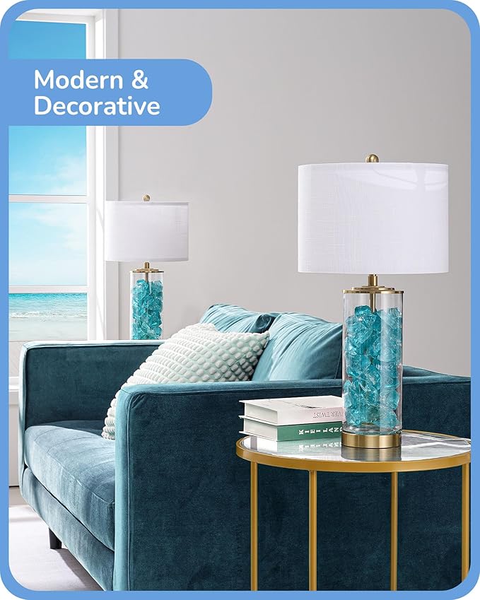 EDISHINE 23.6IN Glass Table Lamp DIY Fillable Base, White Linen Lampshade Table Lamp Set of 2, Tall Bedside Lamp for Living Room Bedrooms Bedside, Rotary Switch, UL Listed