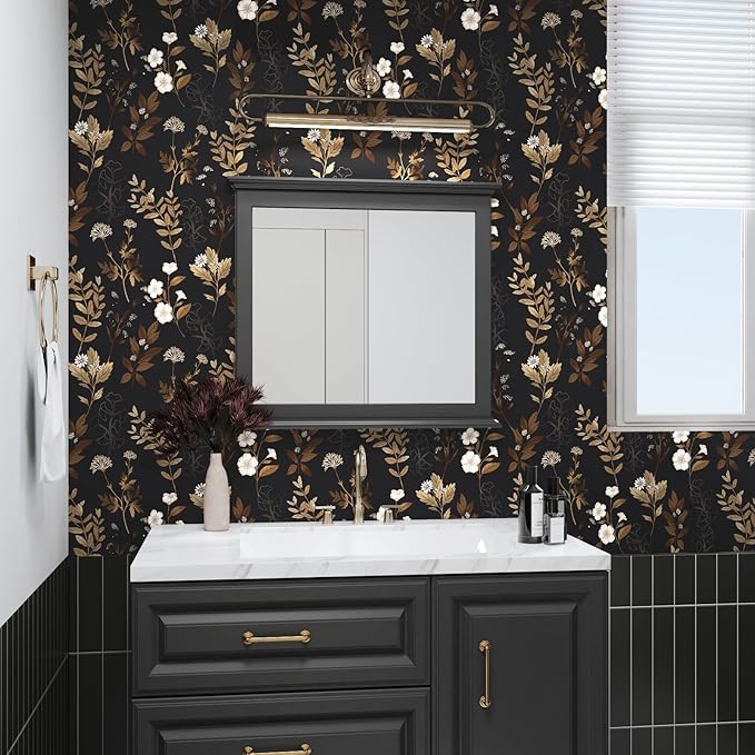Black Floral Wallpaper Peel and Stick Gold Leaf Contact Paper 17.4" x 118" Leaf Wallpaper Waterproof Self-Adhesive Wall Covering for Bedroom Countertop Desk Cabinets Decor