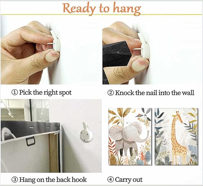 6Pcs Boho Baby Animals Wall Art Jungle Safari Canvas Paintings Cute Giraffe Elephant Lion Wall Decor Prints Inspirational Forest Animals Posters Pictures for Nursery kids Boys Bedroom Framed