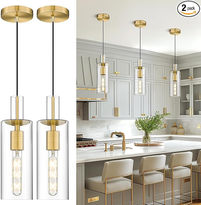 AUTELO 2 Pack Pendant Lights Kitchen Island, Vintage Pendant Light Fixtures in Brushed Gold Metal Finish, Gold Pendant Lights, Glass Hanging Lights for Kitchen Island, Dining Room, H3875 BG-M-2P