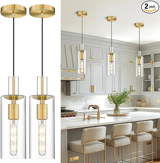 AUTELO 2 Pack Pendant Lights Kitchen Island, Vintage Pendant Light Fixtures in Brushed Gold Metal Finish, Gold Pendant Lights, Glass Hanging Lights for Kitchen Island, Dining Room, H3875 BG-M-2P