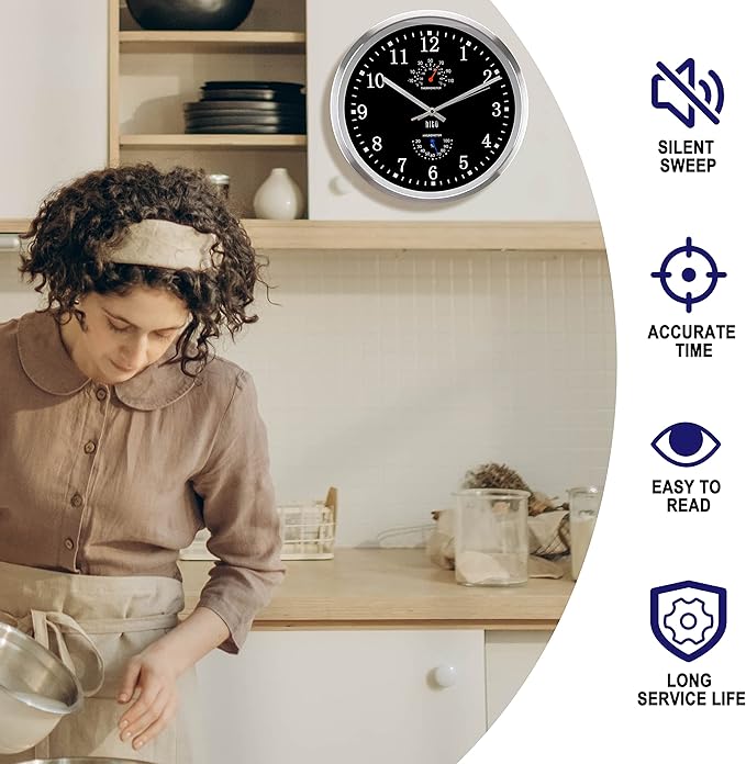 HITO 12 Inch Silent Wall Clock Battery Operated Non Ticking Glass Cover Silver Aluminum Frame, for Kitchen, Bedroom, Home Office, Living Room Decor (12" Black)