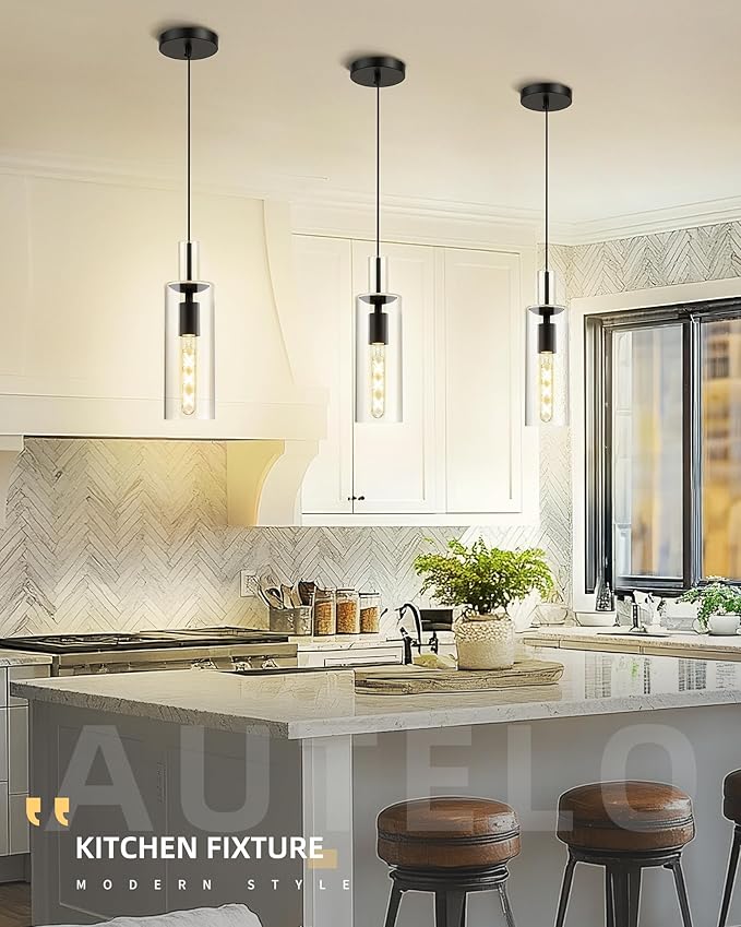 AUTELO Black Pendant Lights, 1-Light Pendant Lights Kitchen Island, Modern Hanging Lights in Black Metal Finish with Clear Glass, Glass Kitchen Pendant Lighting Over Island, H3875 BK-M