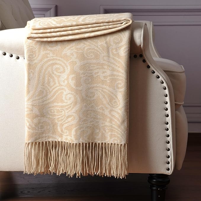 CUDDLE DREAMS Premium Cashmere Throw Blanket with Fringe, Luxuriously Soft (Paisley Beige)