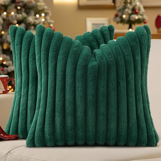 decorUhome Faux Fur Christmas Throw Pillow Covers 20x20 Set of 2, Decorative Soft Plush Striped Neutral Couch Euro Pillow Covers with Velvet Back for Sofa, Bed, Living Room Home Decor, Christmas Green