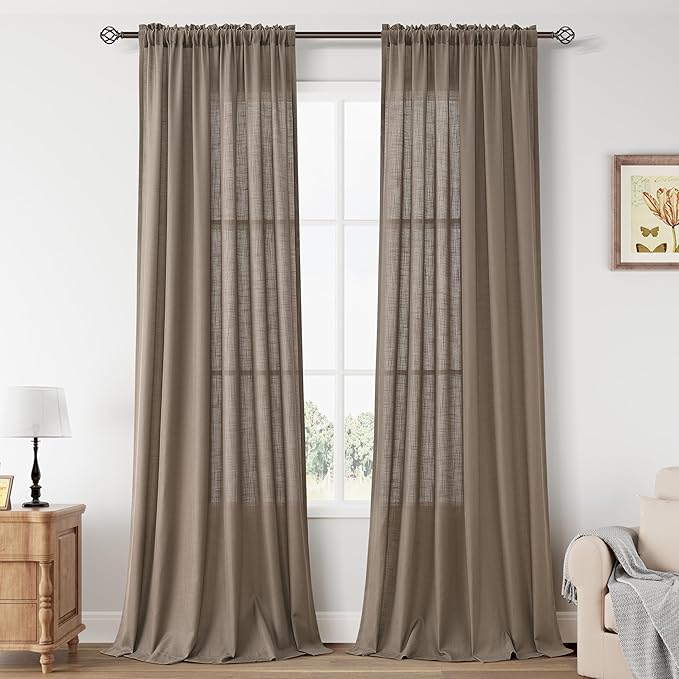 Guken Taupe Grey Linen Curtains 108 Inch Length for Living Room Bedroom 2 Panels Set Rod Pocket Light Filtering Semi Sheer Window Curtains 52 Inch Width Boho Farmhouse Linen Drapes, W52xL108