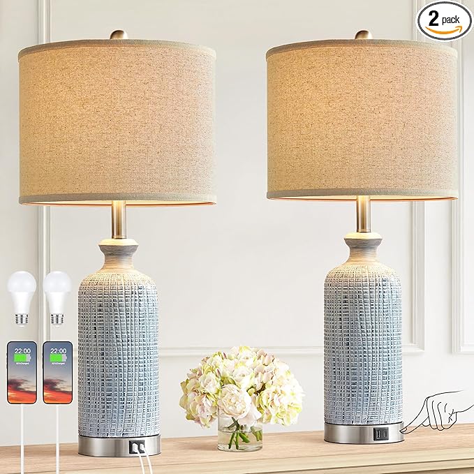 Living Room Lamps Set of 2, 27" Touch Lamps for Nightstand with USB A+C Ports, Modern Farmhouse Table Lamps for Bedroom, 2 Bulbs Included