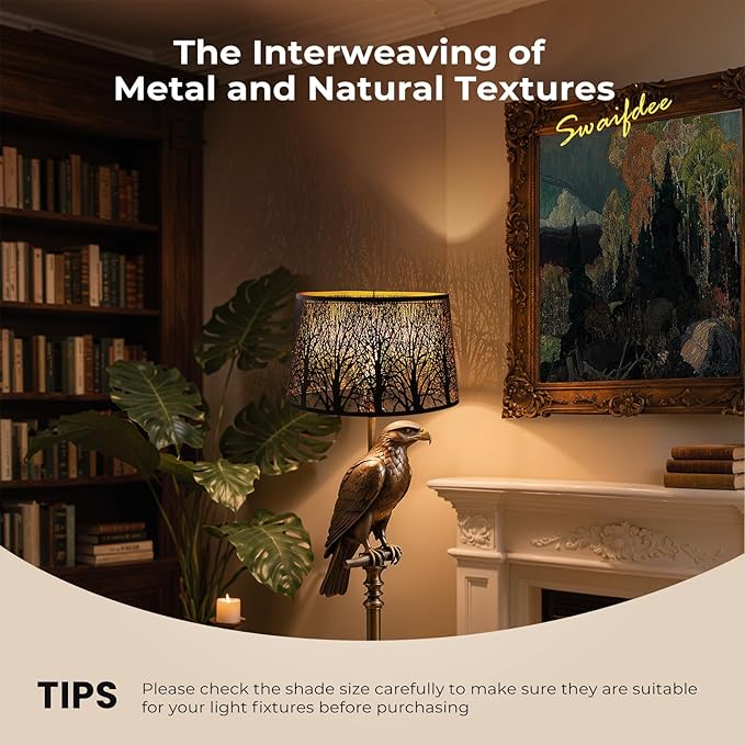 Large Oval Etched Metal Lampshade with Forest Pattern, (14×8.5)" Top x (16×10.5)" Bottom x 9.5" High, lron Cover Lamp Shade for Table Lamps, Floor Lamps Replacement (Antique Black and Gold)