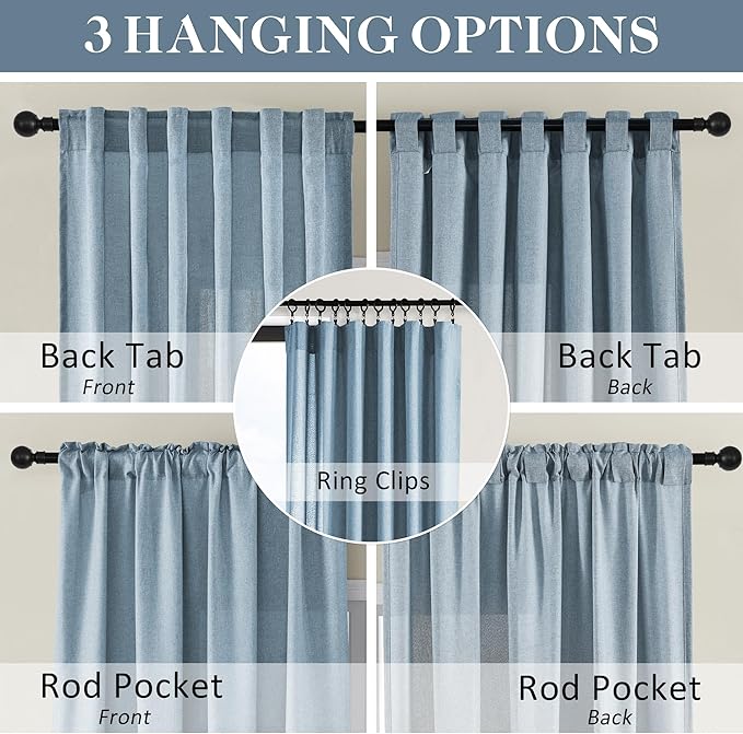 DONREN Dusty Blue Curtains 96 Inch Length for Living Room 2 Panel Back Tab Rod Pocket Drape Light Filtering Semi Sheer Linen Textured Curtain for Bedroom Modern Farmhouse Decor 60x96 Long