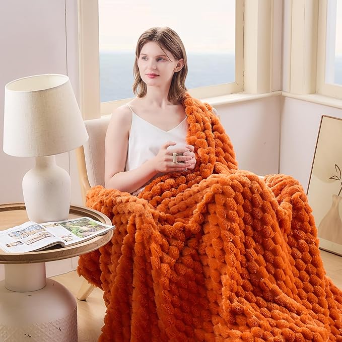 NEWCOSPLAY Super Soft Fall Throw Blanket Orange Premium Silky Flannel Fleece 3D Clouds Stylish Jacquard Lightweight Bed Blanket All Season Use 350GSM (Orange, Throw(50"x60"))