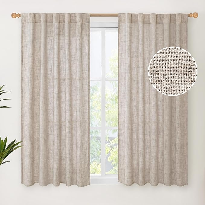 YoungsTex Linen Curtains 48 Inch Length for Kitchen Window, Short Natural Semi Sheer Drapes with Rod Pocket Back Tab for Living Room Bedroom Cafe Bathroom Light Filtering, 2 Panels, 42 X 48 Inch