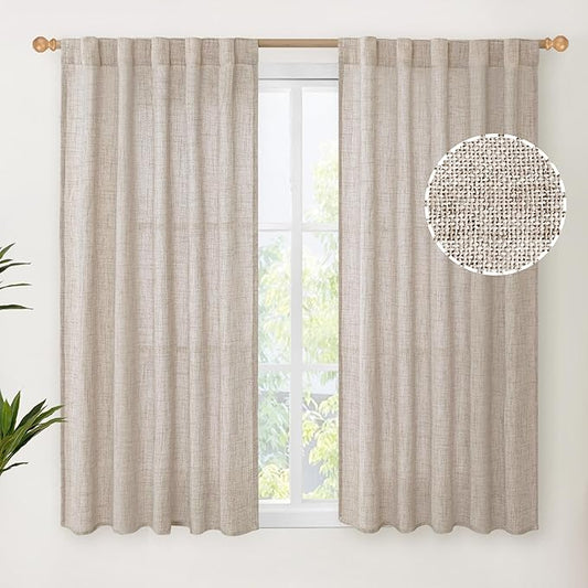 YoungsTex Linen Curtains 48 Inch Length for Kitchen Window, Short Natural Semi Sheer Drapes with Rod Pocket Back Tab for Living Room Bedroom Cafe Bathroom Light Filtering, 2 Panels, 42 X 48 Inch