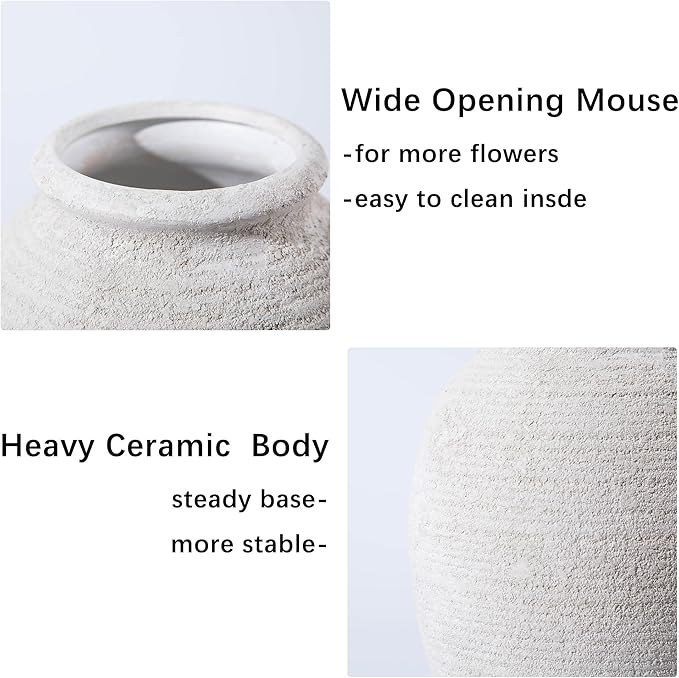 8 Inch White Ceramic Vase - Rustic Vintage Decorative Vase for Home - Farmhouse Pottery Vase for Flowers - Christmas Vase - Modern Vintage Dining Table Centerpiece ， Lyeec Vases Set