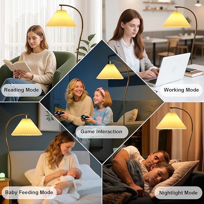 Modern Black Arc LED Floor Lamps, Bright 12W Three-Color Dimming, 14 Inch Pleated Lampshade, Living Room Corner Bedroom Bedside Office Standing Reading Lamp, Farmhouse Decoration, Warm Mood Lighting