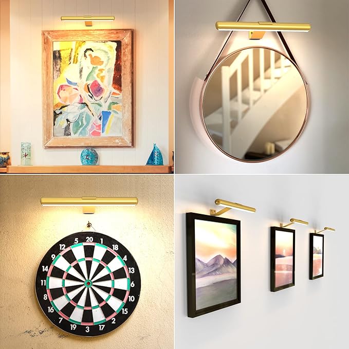 Gold Wireless Led Picture Light with Remote Control - Rechargeable Battery, Metal Art Display Accent Light, 300LM, Dimmable for Gallery, Dartboard