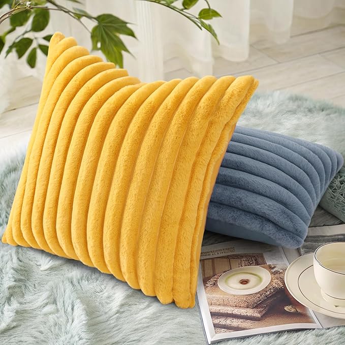 decorUhome Faux Fur Throw Pillow Covers 22x22 Set of 2, Decorative Soft Plush Striped Neutral Couch Euro Pillow Covers with Velvet Back for Sofa, Bed, Living Room Home Decor, Mustard Yellow
