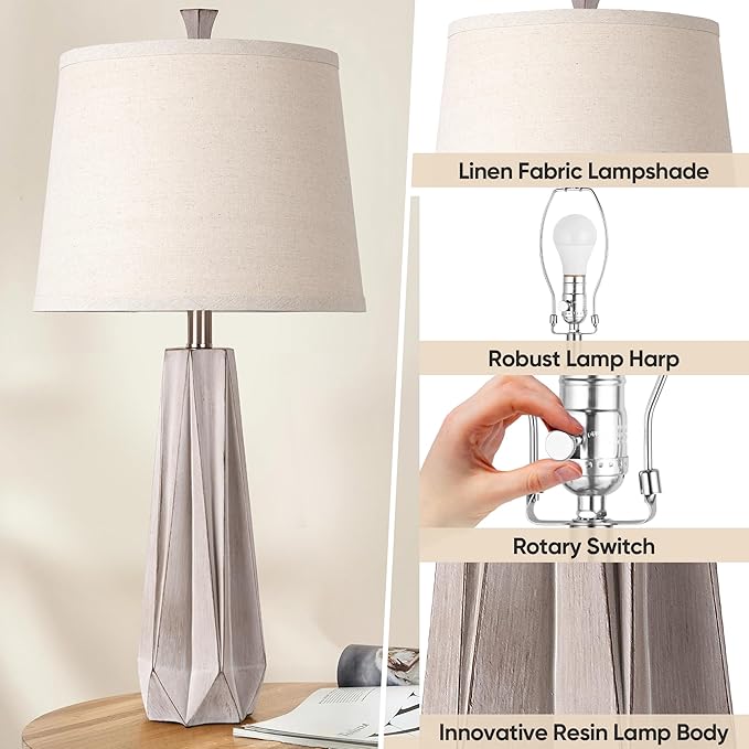 WIHTU 3 Color Temperature Table Lamps Set of 2, Beside Lamp with Linen Shade, 27'' Light Wood Color Modern Table Lamp for Living Room, Resin Desk Lamp for Nightstands Bedroom Decor (2 Bulbs Included)
