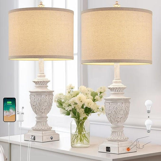 Farmhouse 3-Way Dimmable Touch Table Lamp Set of 2 for Bedroom Living Room with USB A+C Charging Ports 28" Tall Rustic Traditional Nightstand Bedside Lamps White End Table Lamp (2 Bulbs Included)