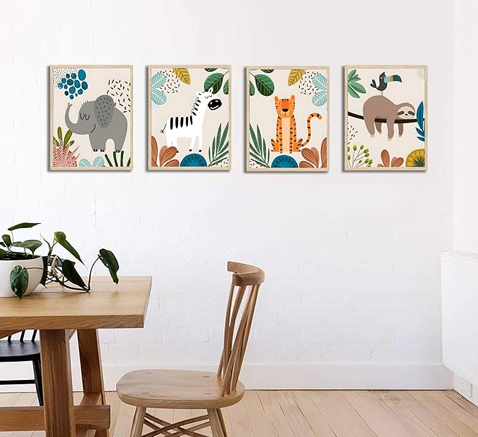 FJKLRP 4pcs Safari Nursery Wall Art Zebra elephant tiger monkey Pictures Poster Cute Animal Canvas Paintings Prints Decor for Kid Room Baby Room Wall Decor Unframed