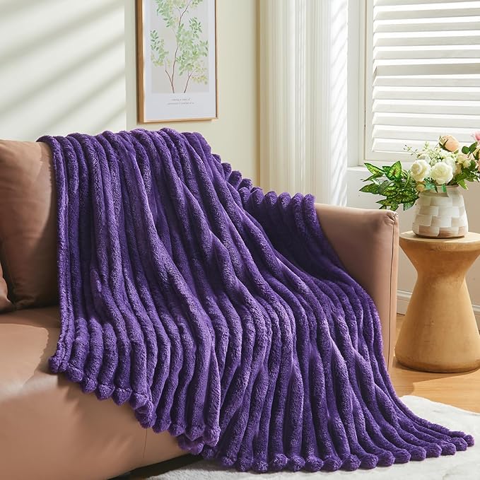 NEWCOSPLAY Super Soft Throw Blanket Purple Premium Silky Flannel Fleece 3D Ribbed Jacquard Lightweight Bed Blanket All Season Use (Purple Ribbed, Throw(50"x60"))