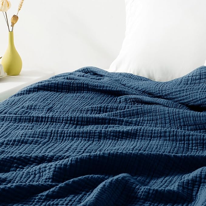 Carriediosa 100% Cotton Muslin Throw Blanket 108" X 90" King Size，4-Layers Summer Gauze Throws for Bed Couch，Soft Lightweight Breathable Linen Blankets Bedspread for Adults All Season，Navy Blue