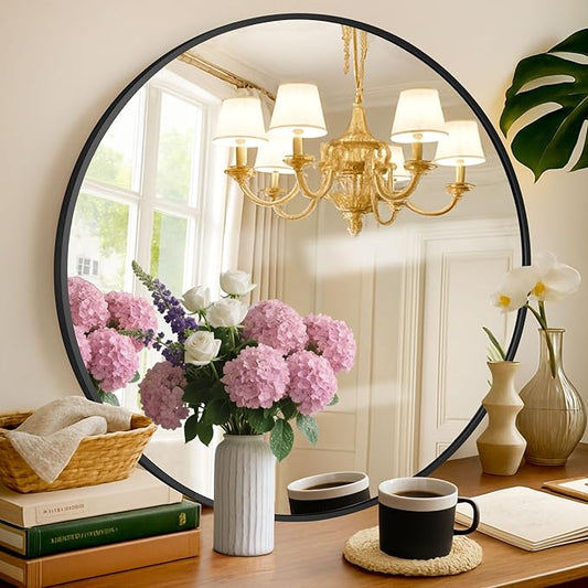 30 Inch Black Round Wall Mirror, Circle Bathroom Mirror with Brushed Metal Frame, Anti-Rust Tempered Glass Vanity Mirror for Bedroom, Entryway, Living Room Farmhouse Decor