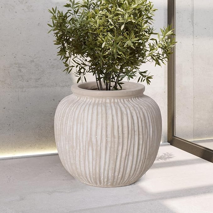 Oakrain Large Rustic Minimalist Vase, 9" Distressed Round Floor Vase for Home Decor, Farmhouse Centerpieces Planters for Living Room Indoor Outdoor Use, Vintage White