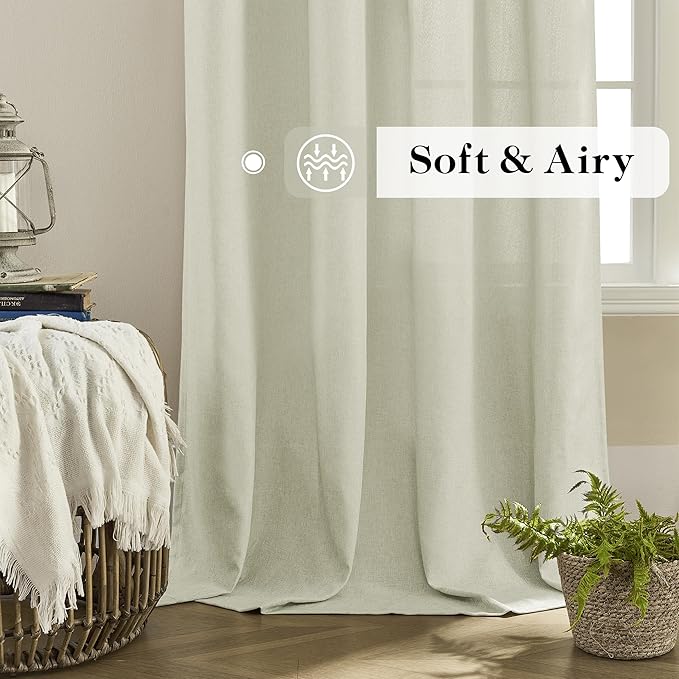 DONREN Natural Linen Curtains 96 Inches Long 2 Panels for Living Room Light Filtering Window Curtains Farmhouse Boho Draperies Back Tab Ivory Sheer Curtain for Playroom Office