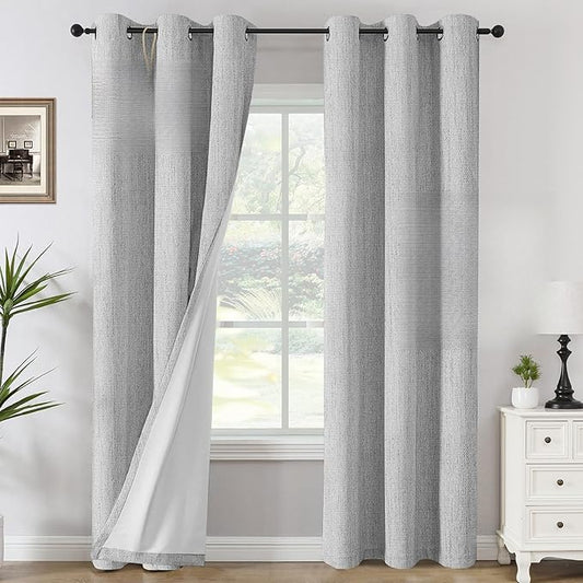 H.VERSAILTEX 100% Blackout Curtains Linen Textured Chenille Curtains Thermal Insulated Curtain Panels with White Flocking Coating Back, 42" W x 84" L, Heathered Glacier Gray(Not Solid)