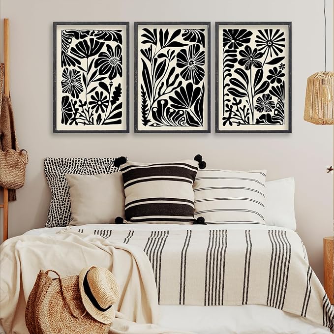 Abstract Floral Botanical Boho Wall Art 16x11 Inch Set of 3 Black and White Minimalist Botanical Pictures Prints for Bedroom Modern Home Living Room Scandinavian Style Wall Hanging Decor (Black)
