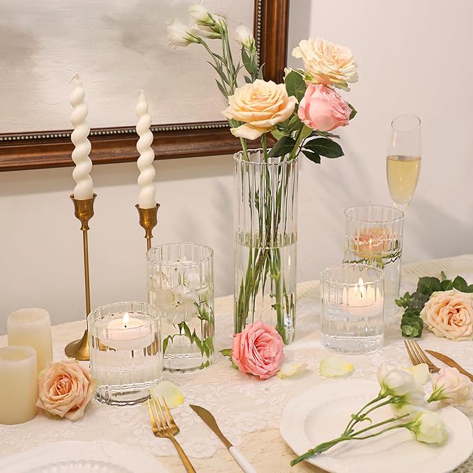 ComSaf Glass Cylinder Vases Pack of 12, Clear Ribbed Bud Vases for Centerpieces Weeding Decoration, 4 inch 6 Inch 10 Inch Tall Clear Flower Vases in Bulk, Hurricane Candle Holder for Party Home Decor