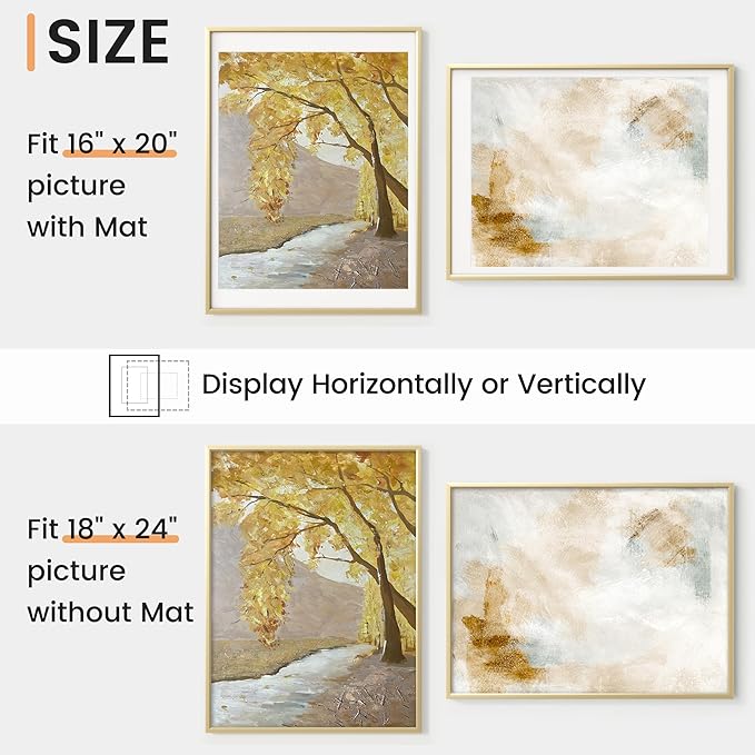 18x24 inch Metal Poster Frame - 18 x 24 Thin Aluminum Picture Frames Matted for 16x20 Photos, Artworks, Prints, Puzzle - High Definition Plexiglass - Vertical and Horizontal Display - Wall Hook Hanging Hardware Included - Gold, 4 Pack