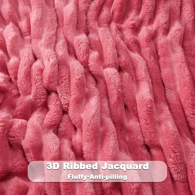 NEWCOSPLAY Super Soft Throw Blanket Coral Pink Premium Silky Flannel Fleece 3D Ribbed Jacquard Lightweight Bed Blanket All Season Use (Coral Pink Ribbed, Throw(50"x60"))