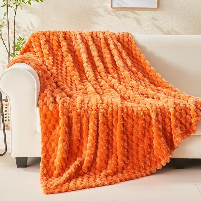 NEWCOSPLAY Super Soft Fall Throw Blanket Orange Premium Silky Flannel Fleece 3D Clouds Stylish Jacquard Lightweight Bed Blanket All Season Use 350GSM (Orange, Throw(50"x60"))