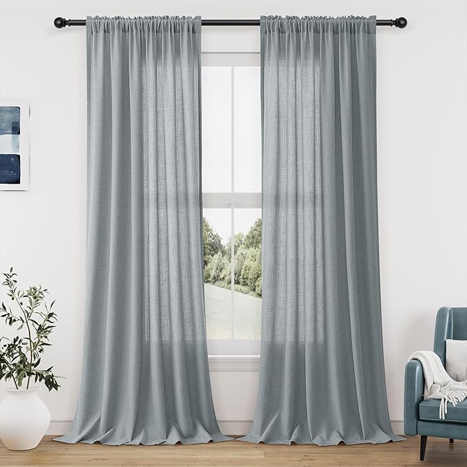 Guken Dark Blue Linen Curtains 96 Inches Long 2 Panel Set Rod Pocket Semi Sheer Dining Room Cozy Bedroom Decor Cotton Look Country Rustic Boho Farmhouse Curtains, 52x96